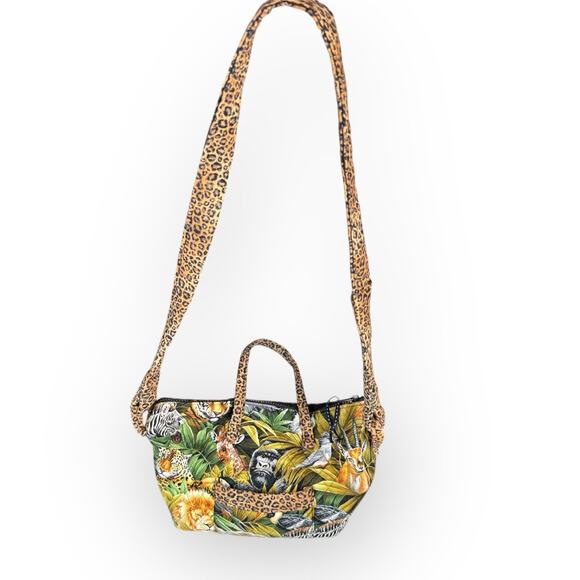 Vintage Quilted Jungle Animal Print Mini Tote Shoulder Crossbody Bag - Picture 5 of 11